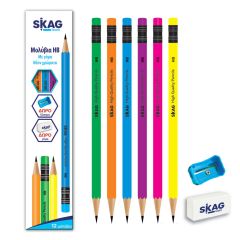 SKAG SET 12 NEON PENCIL HB (FREE ERASER AND SARPENER)